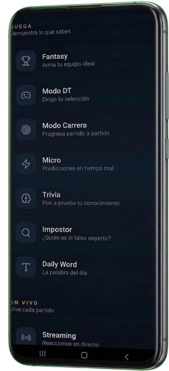 Vista del menú de módulos de la app ZonaMundial: Fantasy, Modo DT, Modo Carrera, Micro, Trivia, Impostor, Daily Word y Streaming